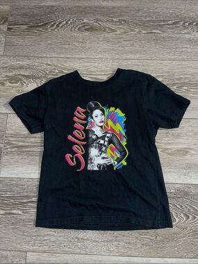 Selena Black Graphic Kids Tee with Neon Pop Portrait